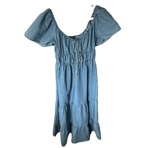 Women's Indulge Instyle Chambray Milkmaid Maxi Dress Size L Western Short Sleeve